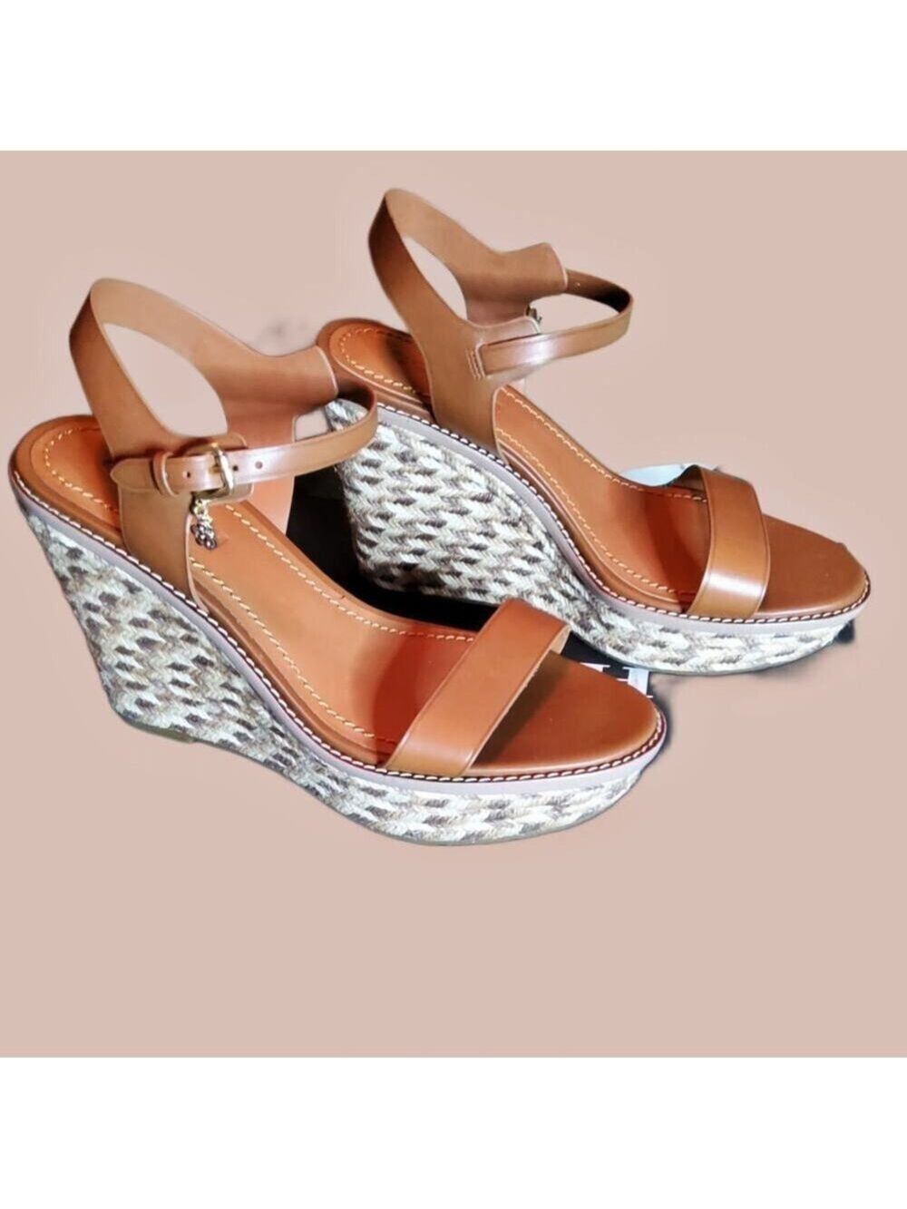 COACH SADDLE LEATHER ESPADRILLE WEDGE SANDAL SIZE 10
